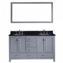 Caroline Avenue 60" Double Bathroom Vanity in Grey with Black Galaxy Granite Top and Round Sink with Polished Chrome Faucet and Mirror