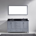 Caroline Avenue 60" Double Bathroom Vanity in Grey with Black Galaxy Granite Top and Round Sink with Polished Chrome Faucet and Mirror