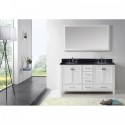 Caroline Avenue 60" Double Bathroom Vanity in White with Black Galaxy Granite Top and Round Sink with Mirror