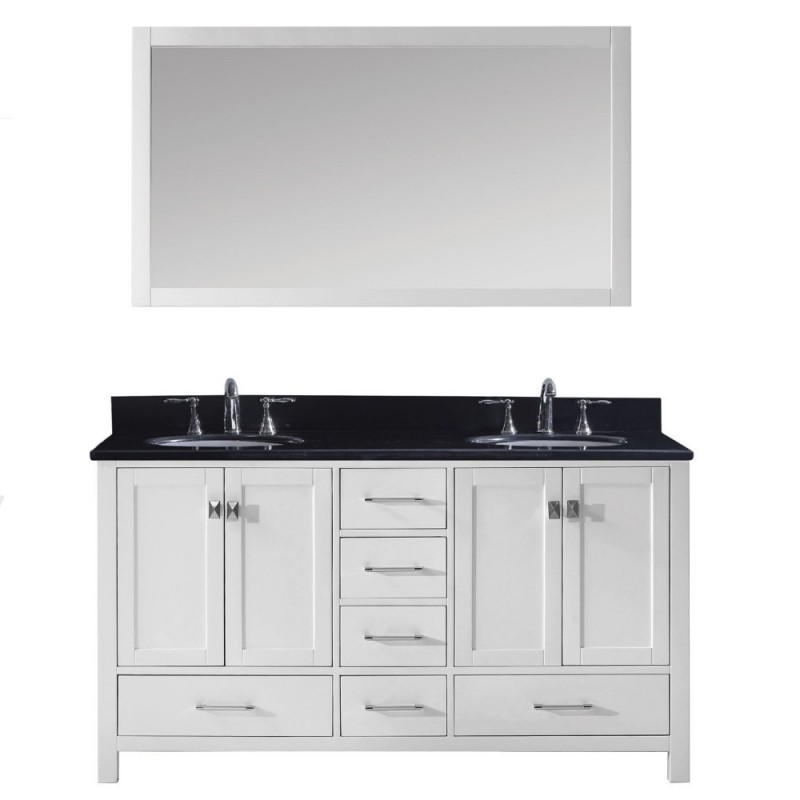 Caroline Avenue 60" Double Bathroom Vanity in White with Black Galaxy Granite Top and Round Sink with Brushed Nickel Faucet and Mirror