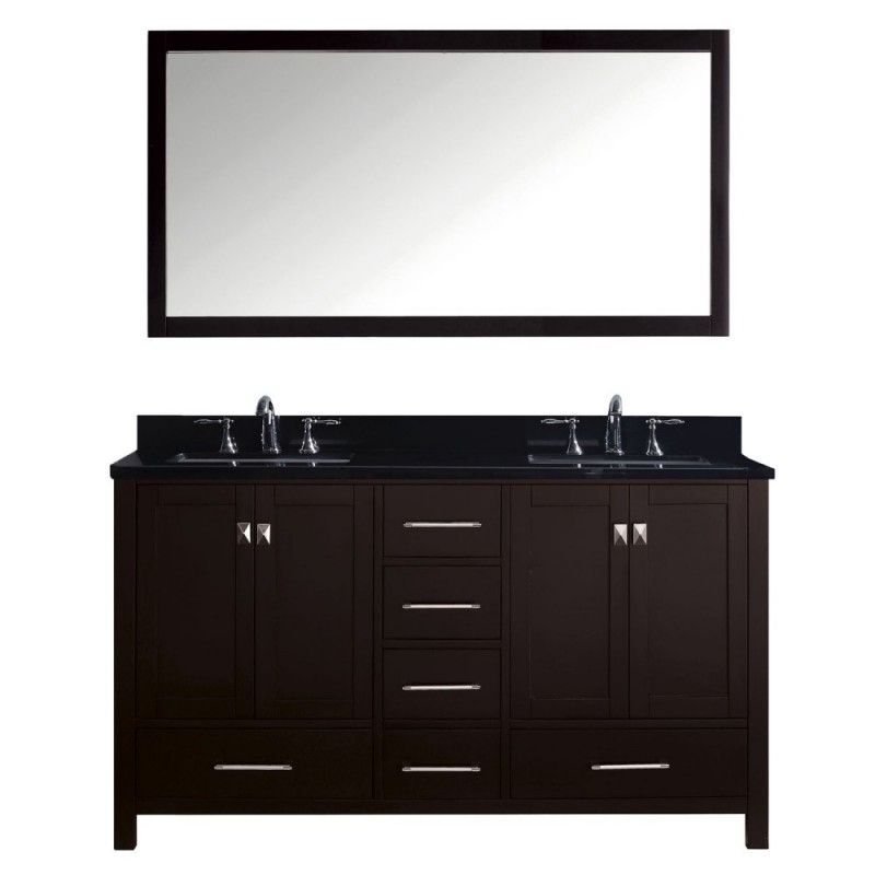 Caroline Avenue 60" Double Bathroom Vanity in Espresso with Black Galaxy Granite Top and Square Sink with Mirror