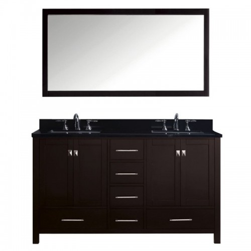 Caroline Avenue 60" Double Bathroom Vanity in Espresso with Black Galaxy Granite Top and Square Sink with Brushed Nickel Faucet and Mirror