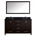 Caroline Avenue 60" Double Bathroom Vanity in Espresso with Black Galaxy Granite Top and Square Sink with Polished Chrome Faucet and Mirror