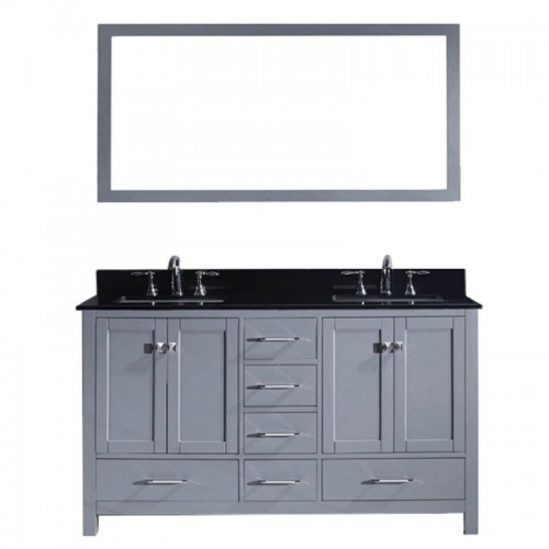 Caroline Avenue 60" Double Bathroom Vanity in Grey with Black Galaxy Granite Top and Square Sink with Mirror