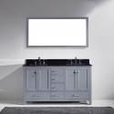 Caroline Avenue 60" Double Bathroom Vanity in Grey with Black Galaxy Granite Top and Square Sink with Mirror