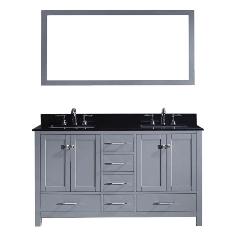 Caroline Avenue 60" Double Bathroom Vanity in Grey with Black Galaxy Granite Top and Square Sink with Polished Chrome Faucet and Mirror
