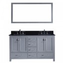 Caroline Avenue 60" Double Bathroom Vanity in Grey with Black Galaxy Granite Top and Square Sink with Polished Chrome Faucet and Mirror