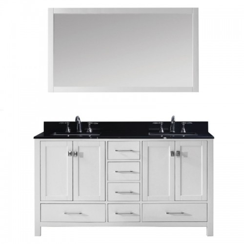 Caroline Avenue 60" Double Bathroom Vanity in White with Black Galaxy Granite Top and Square Sink with Polished Chrome Faucet and Mirror