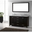 Caroline Avenue 60" Double Bathroom Vanity in Espresso with Marble Top and Round Sink with Mirror