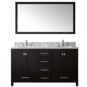Caroline Avenue 60" Double Bathroom Vanity in Espresso with Marble Top and Round Sink with Brushed Nickel Faucet and Mirror