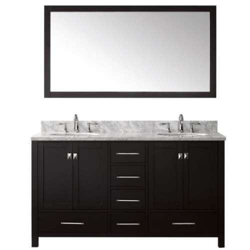 Caroline Avenue 60" Double Bathroom Vanity in Espresso with Marble Top and Round Sink with Polished Chrome Faucet and Mirror