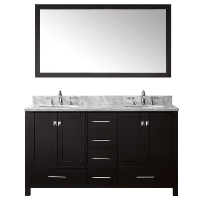 Caroline Avenue 60" Double Bathroom Vanity in Espresso with Marble Top and Round Sink with Polished Chrome Faucet and Mirror