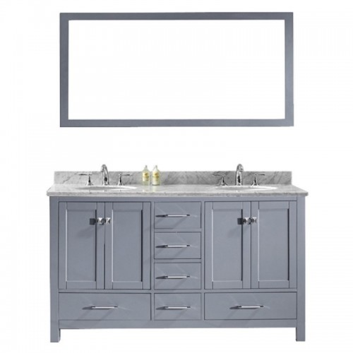 Caroline Avenue 60" Double Bathroom Vanity in Grey with Marble Top and Round Sink with Brushed Nickel Faucet and Mirror