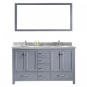 Caroline Avenue 60" Double Bathroom Vanity in Grey with Marble Top and Round Sink with Brushed Nickel Faucet and Mirror