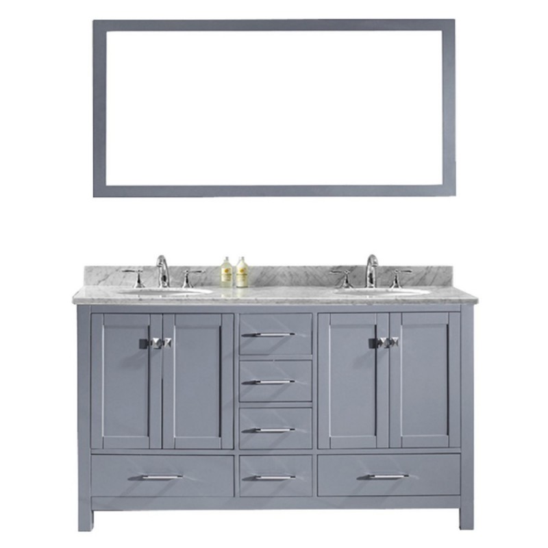 Caroline Avenue 60" Double Bathroom Vanity in Grey with Marble Top and Round Sink with Polished Chrome Faucet and Mirror
