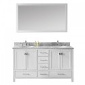 Caroline Avenue 60" Double Bathroom Vanity in White with Marble Top and Round Sink with Brushed Nickel Faucet and Mirror