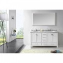 Caroline Avenue 60" Double Bathroom Vanity in White with Marble Top and Round Sink with Brushed Nickel Faucet and Mirror