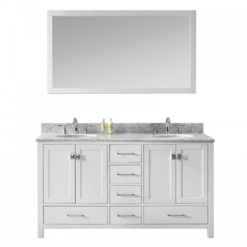 Caroline Avenue 60" Double Bathroom Vanity in White with Marble Top and Round Sink with Polished Chrome Faucet and Mirror