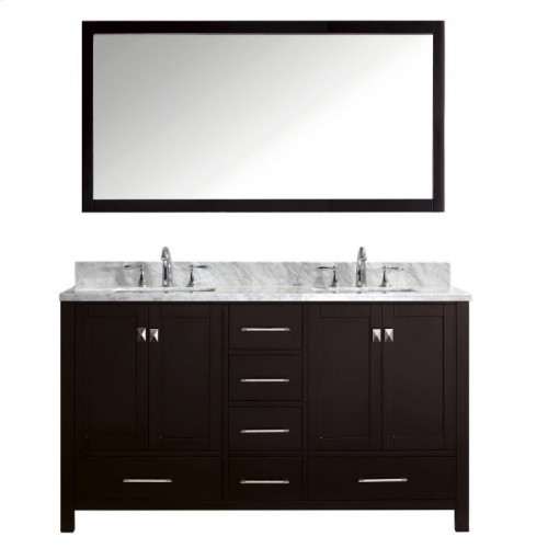 Caroline Avenue 60" Double Bathroom Vanity in Espresso with Marble Top and Square Sink with Polished Chrome Faucet and Mirror