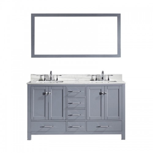 Caroline Avenue 60" Double Bathroom Vanity in Grey with Marble Top and Square Sink with Mirror