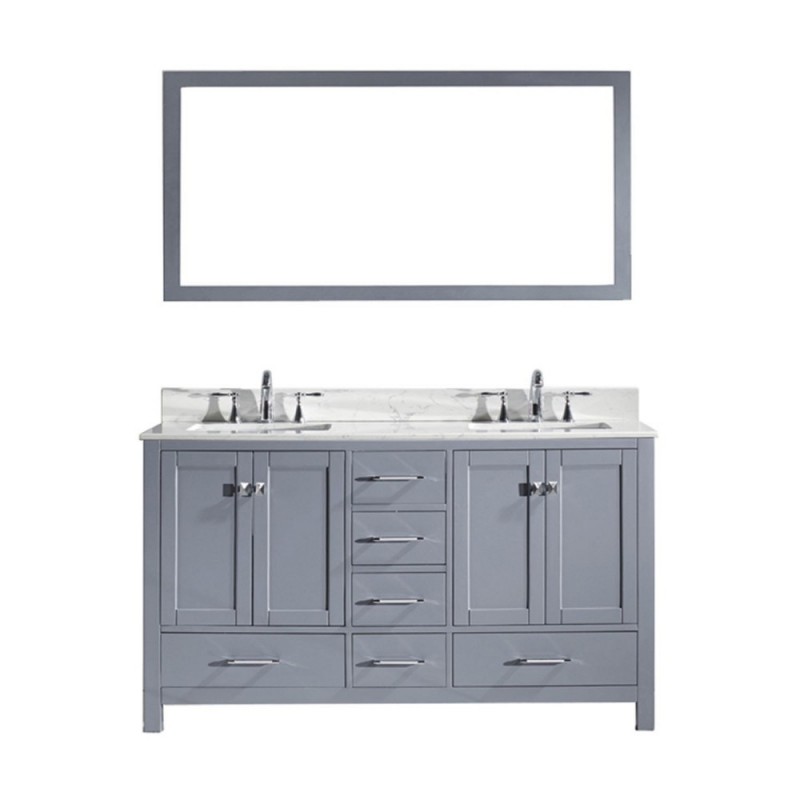 Caroline Avenue 60" Double Bathroom Vanity in Grey with Marble Top and Square Sink with Brushed Nickel Faucet and Mirror