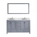 Caroline Avenue 60" Double Bathroom Vanity in Grey with Marble Top and Square Sink with Polished Chrome Faucet and Mirror