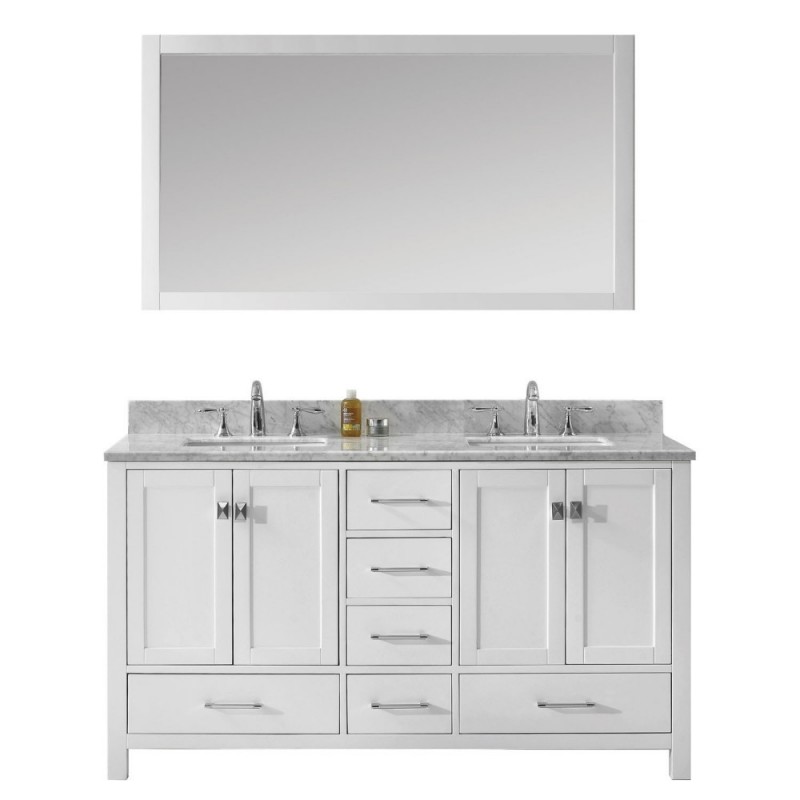 Caroline Avenue 60" Double Bathroom Vanity in White with Marble Top and Square Sink with Mirror