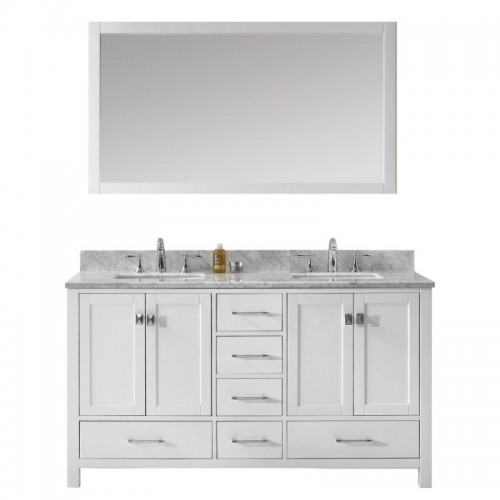 Caroline Avenue 60" Double Bathroom Vanity in White with Marble Top and Square Sink with Polished Chrome Faucet and Mirror