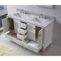 Caroline Avenue 60" Double Bathroom Vanity in White with Marble Top and Square Sink with Polished Chrome Faucet and Mirror