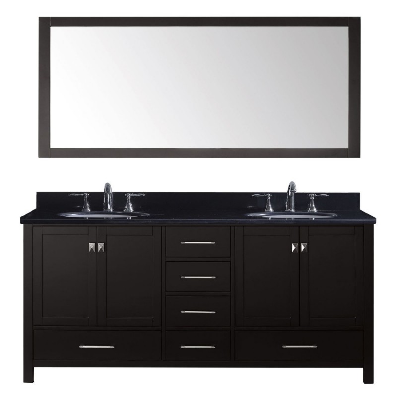 Caroline Avenue 72" Double Bathroom Vanity in Espresso with Black Galaxy Granite Top and Round Sink with Mirror