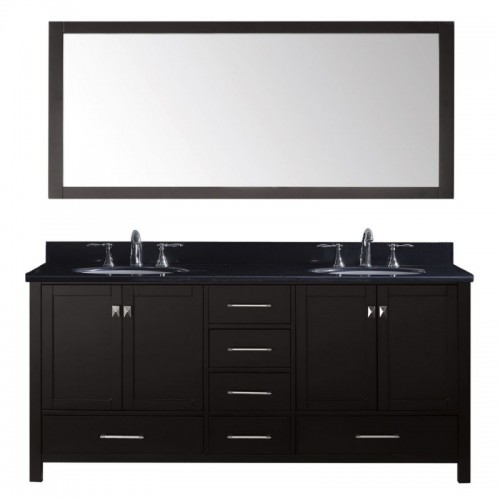 Caroline Avenue 72" Double Bathroom Vanity in Espresso with Black Galaxy Granite Top and Round Sink with Polished Chrome Faucet and Mirror