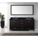 Caroline Avenue 72" Double Bathroom Vanity in Espresso with Black Galaxy Granite Top and Round Sink with Polished Chrome Faucet and Mirror