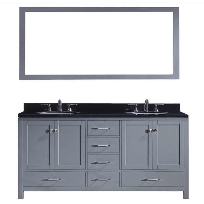 Caroline Avenue 72" Double Bathroom Vanity in Grey with Black Galaxy Granite Top and Round Sink with Mirror