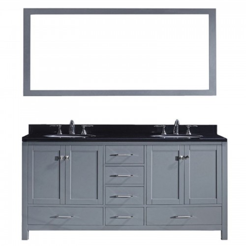 Caroline Avenue 72" Double Bathroom Vanity in Grey with Black Galaxy Granite Top and Round Sink with Polished Chrome Faucet and Mirror