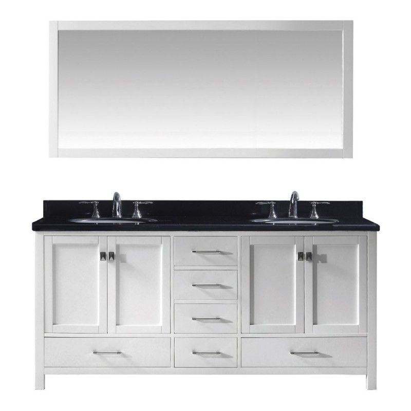 Caroline Avenue 72" Double Bathroom Vanity in White with Black Galaxy Granite Top and Round Sink with Brushed Nickel Faucet and Mirror