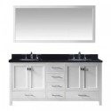 Caroline Avenue 72" Double Bathroom Vanity in White with Black Galaxy Granite Top and Round Sink with Brushed Nickel Faucet and Mirror