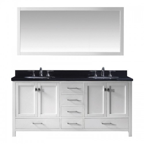 Caroline Avenue 72" Double Bathroom Vanity in White with Black Galaxy Granite Top and Round Sink with Polished Chrome Faucet and Mirror