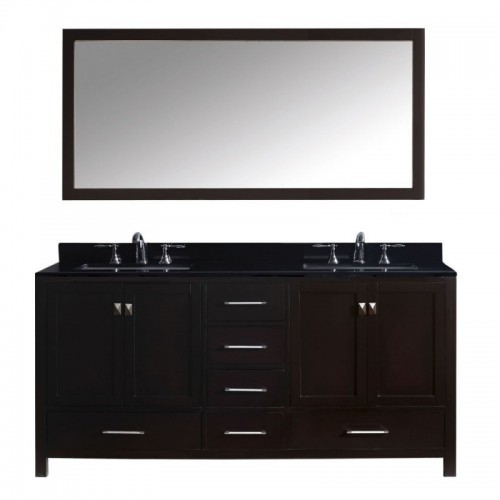 Caroline Avenue 72" Double Bathroom Vanity in Espresso with Black Galaxy Granite Top and Square Sink with Brushed Nickel Faucet and Mirror