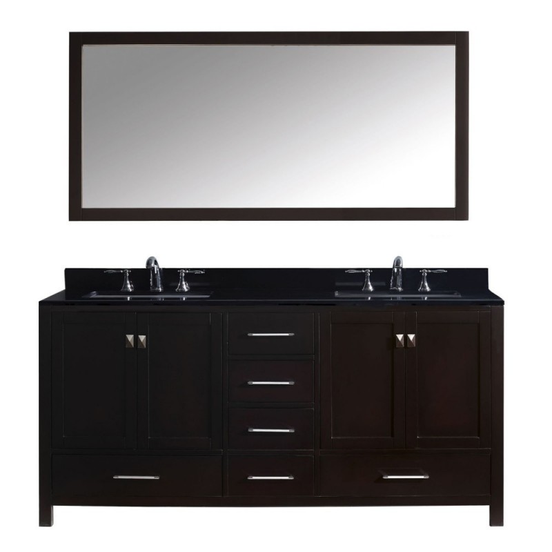 Caroline Avenue 72" Double Bathroom Vanity in Espresso with Black Galaxy Granite Top and Square Sink with Brushed Nickel Faucet and Mirror