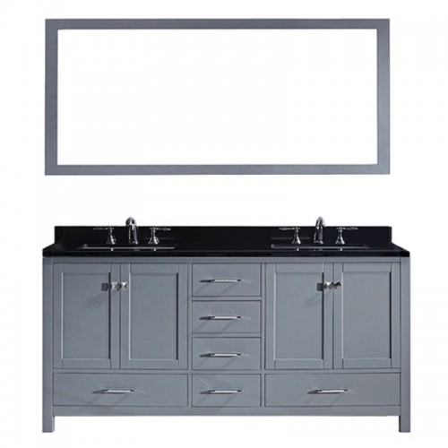 Caroline Avenue 72" Double Bathroom Vanity in Grey with Black Galaxy Granite Top and Square Sink with Mirror