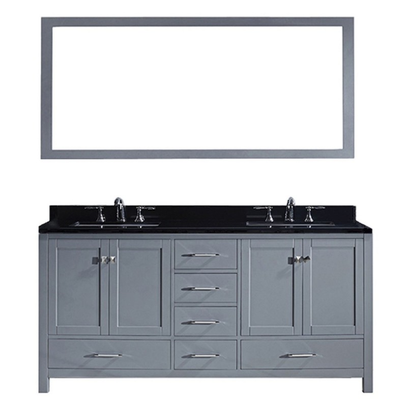 Caroline Avenue 72" Double Bathroom Vanity in Grey with Black Galaxy Granite Top and Square Sink with Mirror