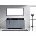 Caroline Avenue 72" Double Bathroom Vanity in Grey with Black Galaxy Granite Top and Square Sink with Brushed Nickel Faucet and Mirror