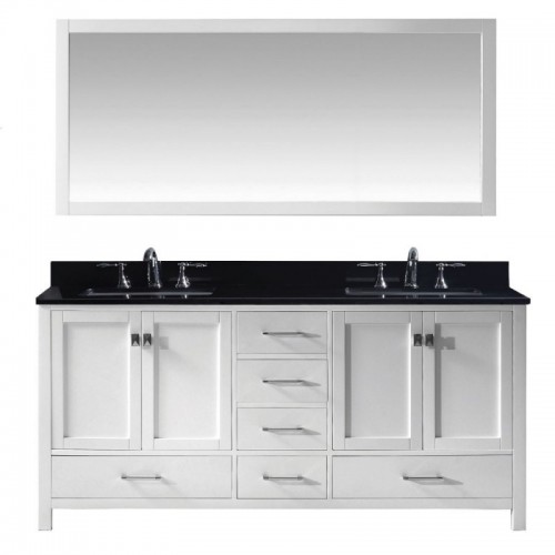 Caroline Avenue 72" Double Bathroom Vanity in White with Black Galaxy Granite Top and Square Sink with Mirror