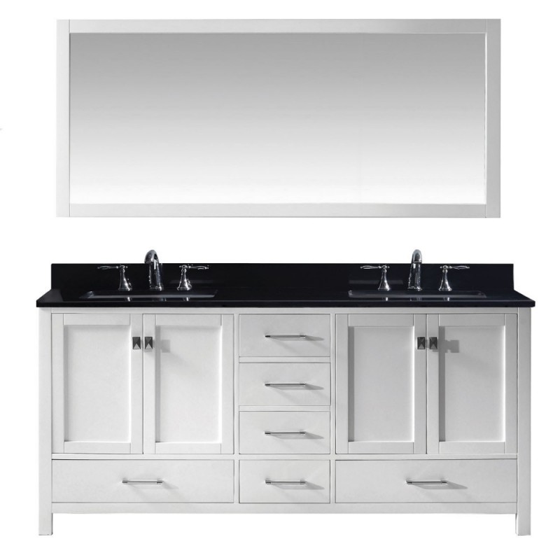 Caroline Avenue 72" Double Bathroom Vanity in White with Black Galaxy Granite Top and Square Sink with Brushed Nickel Faucet and Mirror