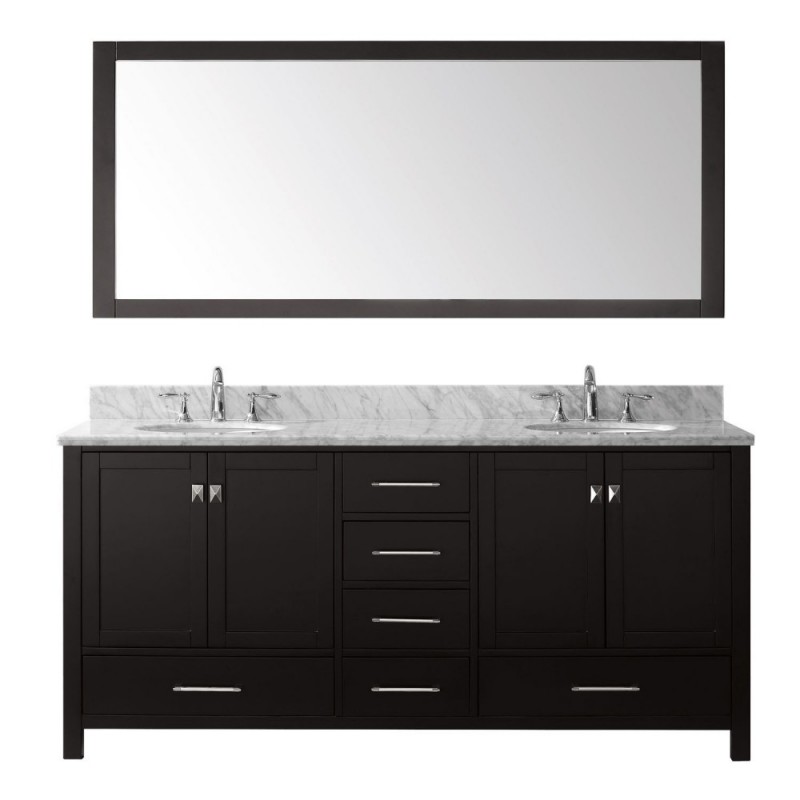 Caroline Avenue 72" Double Bathroom Vanity in Espresso with Marble Top and Round Sink with Brushed Nickel Faucet and Mirror