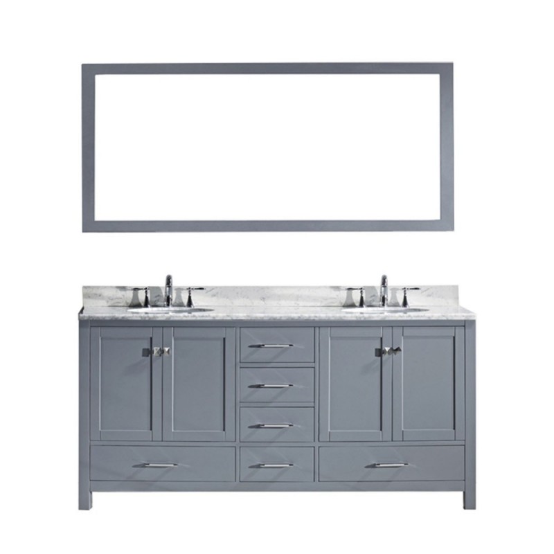 Caroline Avenue 72" Double Bathroom Vanity in Grey with Marble Top and Round Sink with Mirror