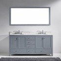 Caroline Avenue 72" Double Bathroom Vanity in Grey with Marble Top and Round Sink with Brushed Nickel Faucet and Mirror