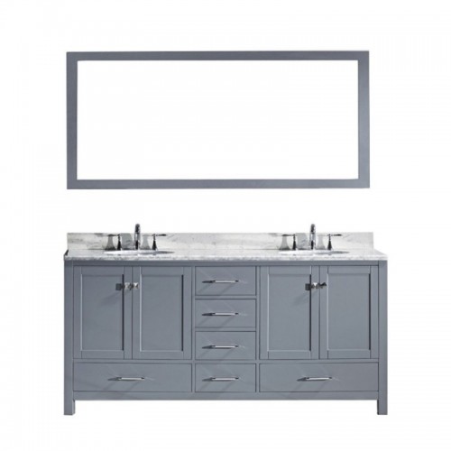 Caroline Avenue 72" Double Bathroom Vanity in Grey with Marble Top and Round Sink with Polished Chrome Faucet and Mirror