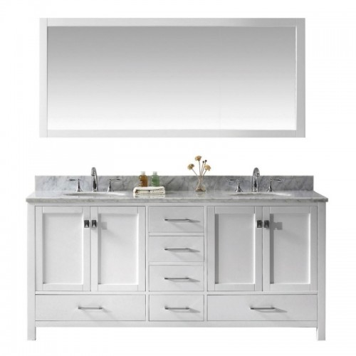 Caroline Avenue 72" Double Bathroom Vanity in White with Marble Top and Round Sink with Brushed Nickel Faucet and Mirror