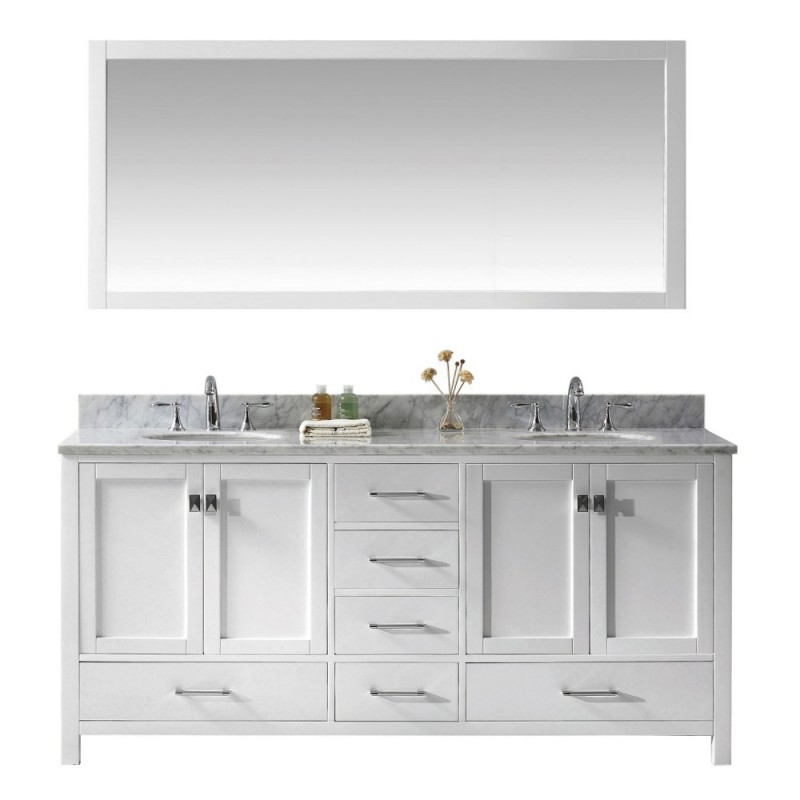 Caroline Avenue 72" Double Bathroom Vanity in White with Marble Top and Round Sink with Polished Chrome Faucet and Mirror